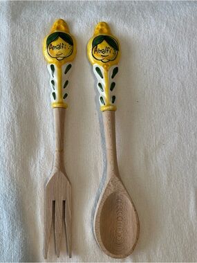 Amalfi Lemon Ceramic Olive Wood Serving Spoon and Fork. Made in Italy 🇮🇹